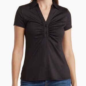 BY DESIGN Elly Cap Sleeve Ruched Polo  XL BLACK